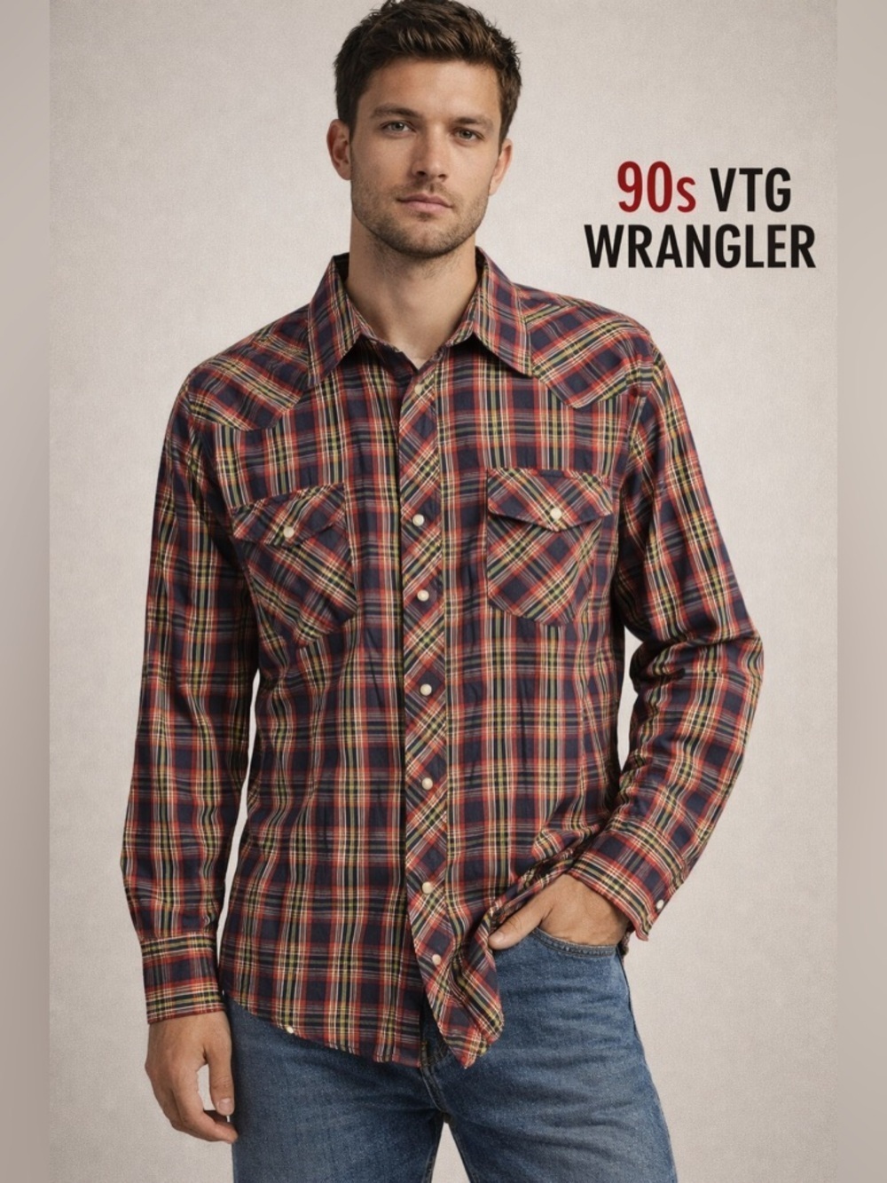 Vintage Wrangler Western Pearl Snap Shirt Plaid Red Blue Cowboy Snap Button Down